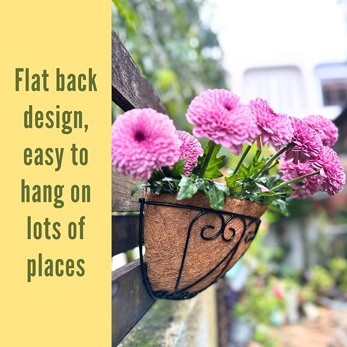 LaLaGreen Bundle- 4-Pack, 12 Inch Metal Basket with Coco Liner + 2-Pack, 12 Inch Hanging Basket with Coco Liner Flower Plant Holder Hanger Fence Rail Deck Patio Semi Round Balcony Garden Decor Outdoor