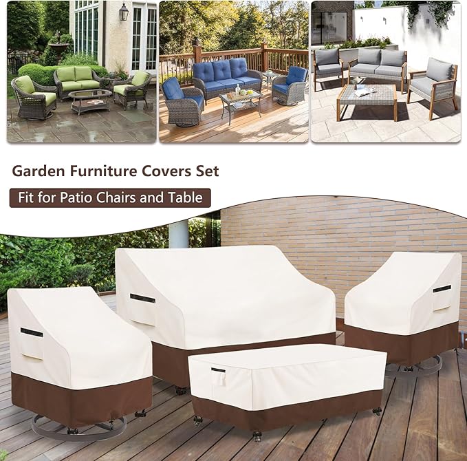 Patio Furniture Covers Set,4-Piece 600D Heavy Duty Waterproof Outdoor Furniture Cover for Patio Swivel Rocker Chairs,Loveseat and Coffee Table,Beige & Brown