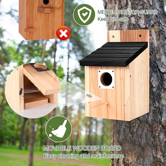 4-Pack Black Wooden Bird Houses for Outdoors with Predator Guard, Bluebird Houses for Outside – Ideal for Bluebirds & Other Backyard Birds, Black