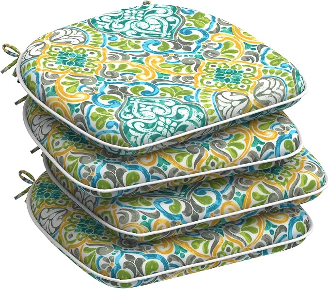 DYTXIII Set of 4 Outdoor Chair Cushions with Ties,Water Repellent Patio Chair Pads 17"x 16" for Outdoor Furniture,Round Corner Seat Cushions for Garden Yard Kitchen Damask Green