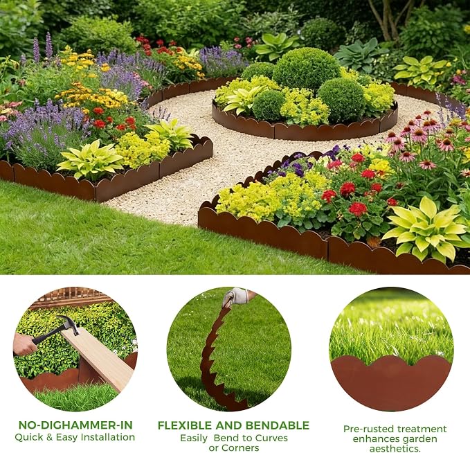 Cor-Ten Steel Landscape Edging 6-Pcsk, 40" L x 7" H Metal Garden Border with 8 Stakes, Heavy Duty Hammer in Landscape Edging for Lawn, Pathway, Yard, Rust(20 Ft Total)