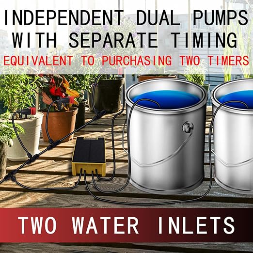 Solar Powered Dual Pump Drip Irrigation Kit,Child Lock 2 Group Automatic Watering System with Rain Sensing Digital Display Screen for Garden Patio Balcony Vacation (for 30 Pot Plants)
