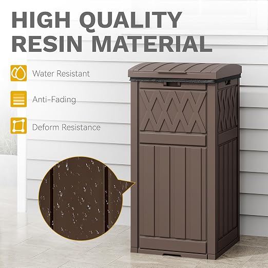DWVO 38 Gallon Outdoor Trash Can, Resin Garbage Can with Tiered Lid and Drip Tray, Waterproof Trash Bin for Patio, Kitchen, Backyard (Brown)