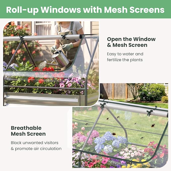 HAPPYGRILL Raised Garden Bed with Cover, Galvanized Metal Planter Box Kit w/2 Large Zipper Mesh Screen Windows, Outdoor Raised Beds for Gardening, Flowers, Vegetables (Silver)