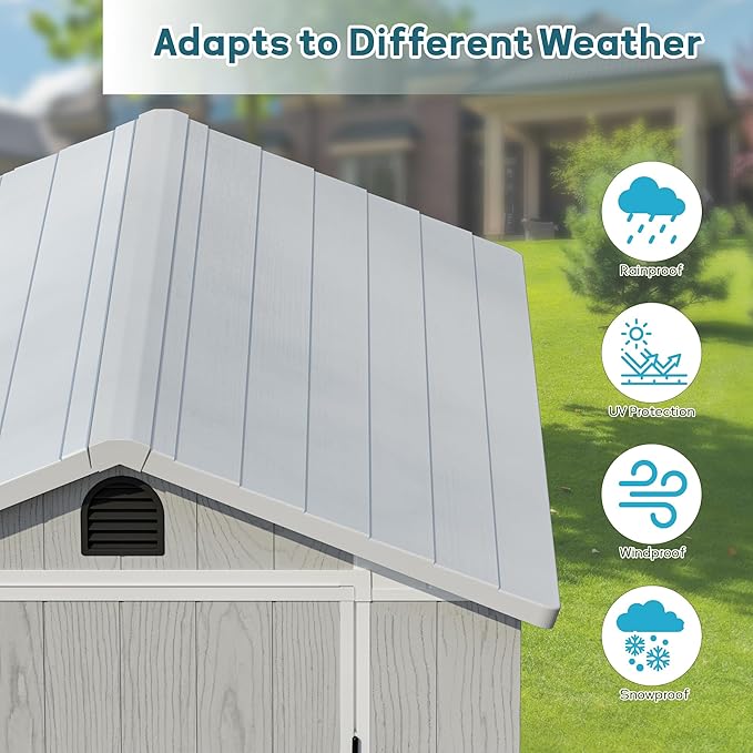 Greesum 4x6FT Plastic Storage Shed with Floor, Resin Outdoor Storaged Sheds with Lockable Door, All Weather Tool Shed with Window and Vent, Easy Assembly for Garden, Backyard, Patio, Light Gray