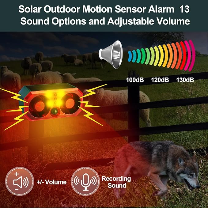 Qualirey 2 Pcs Solar Outdoor Motion Sensor Alarm Motion Sensor Animal Deterrent Dog Barking Alarm 13 Sound 130dB Loud Noise Maker 4 Mode with USB Remote Control Support Recording Volume Adjustment