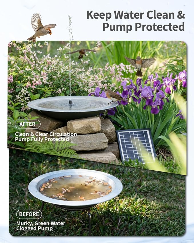 POPOSOAP 6.5W Solar Pond Filter Built-in Battery Backup, Solar Water Fountain Pump with Pond Filter, 8 Nozzles & PVC Tubing for Bird Bath, Small Ponds, Fish Tanks, Water Features P3065D