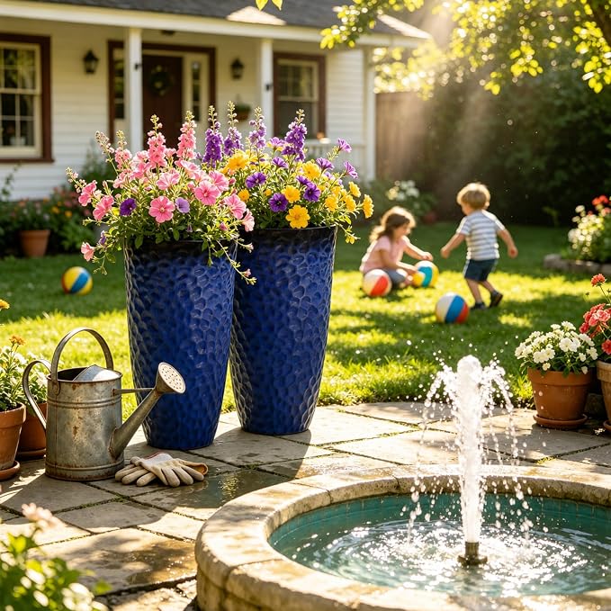 23.75" H Large Tall Outdoor Planters, Set of 2 Plastic Large Flower Pots for Outdoor Plants, Gradient Cobalt Blue Honeycomb Textured, Weather-Resistant for Porch, Garden, Patio or Indoor Use