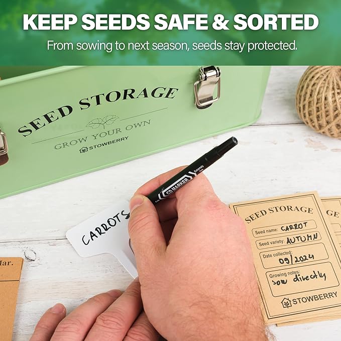 Seed Storage Box Organiser – Green Garden Seeds Tin with Lid, Side Handles, 4 Compartments & Safety Lock – Seed Packet Container for Gardeners – Gardening Gift Idea with Over 100 Accessories