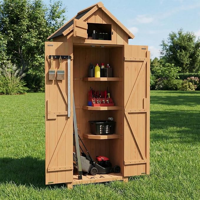 70" Tall Outdoor Storage Shed, Wooden Garden Storage Cabinet with Shelves, Waterproof Vertical Tool Storage Organizer with Lockable Doors for Patio, Backyard, Lawn Equipment & Yard Supplies