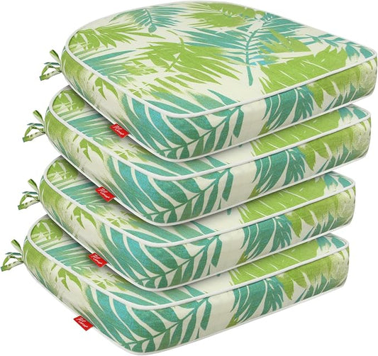 Outdoor Chair Cushions Set of 4, 19x19 Inch U-Shape Patio Seat Cushions with Ties, Water & Fade Resistant High Density Foam Cushions for Garden Patio Chairs, Green Leaf