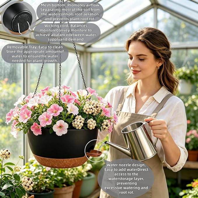 12" Self Watering Hanging Planters with Chains, Black Brown，2 Pack | 43 Oz removable self-watering reservoir, for indoor/outdoor plants, patio & garden
