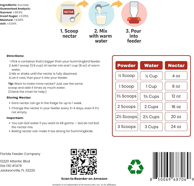 Clear Hummingbird Nectar Powder Concentrate – Natural, Bird Safe Hummingbird Food – Pure Cane Sugar, No Dyes, Easy Mix, 5 lbs Makes 320 oz