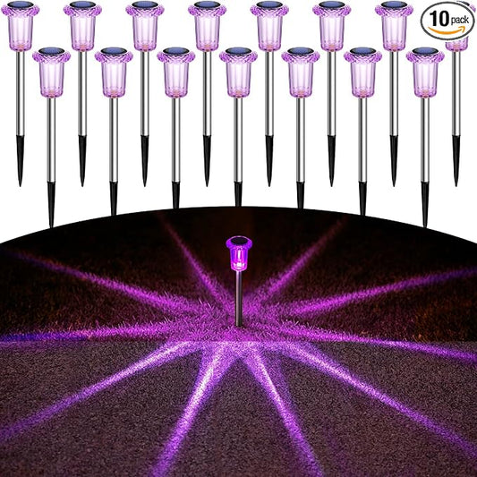 DenicMic Solar Halloween Lights Outdoor 15 Pack Purple LED Halloween Decor | Yard Garden Pathway Walkway Driveway Landscape Spike Style Starburst Light Pattern, IP65 Waterproof, Acrylic/Stainless Steel