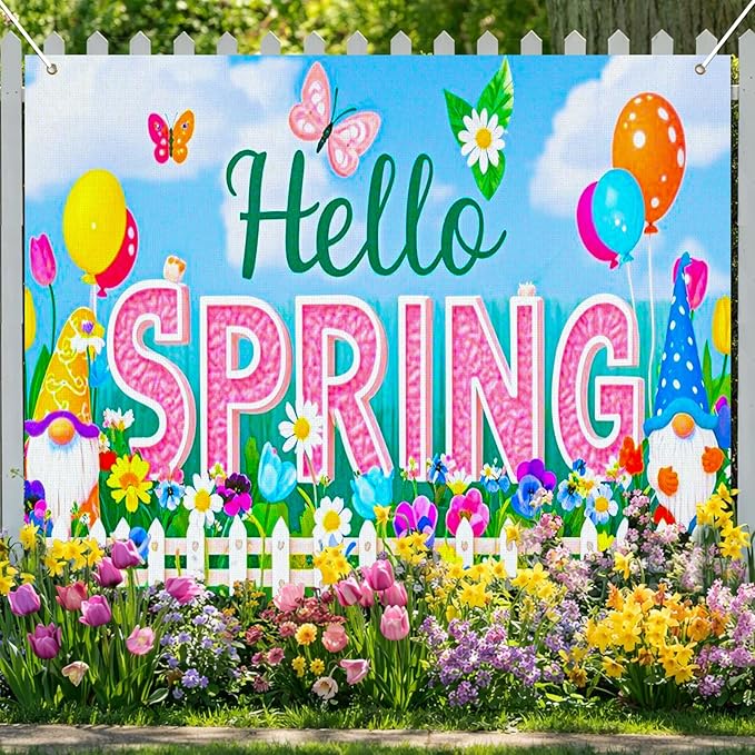 BlissYard Spring Gnome Backdrop 8x6ft Hello Spring Garden Party Background Cute Cartoon Gnome Photography Backdrop for Spring Festival Easter Celebration Birthday Classroom Photo Booth Decor