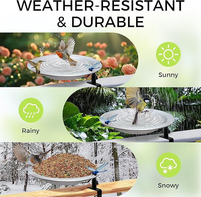 Deck Mounted Bird Bath and Feeder,11.5 Inch Large Gray Speckled Bowl,Heavy Duty Clamp On Deck Railing,Detachable Weather Resistant Balcony Bird Waterer for Outdoor Wild Birds
