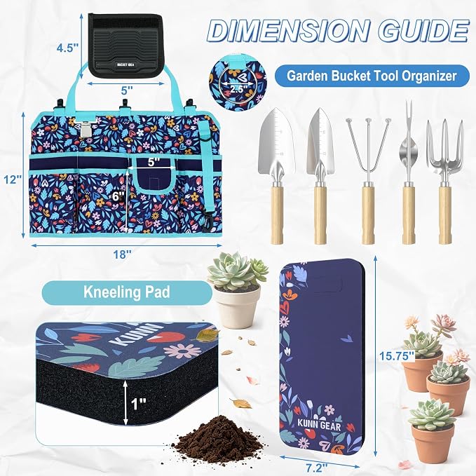 KUNN 5 Gallon Garden Bucket Tool Organizer & Kneeling Pad Set, 18-Pocket Heavy Duty Garden Caddy with Hangable Handle, Polyester Tool Bag with Grip Handle & Gardening Kneeling Pad for Women, Navy