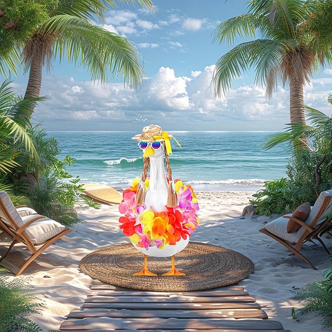 DECOHS 4 Pcs/Set Hawaiian Porch Goose Outfits, Summer Lawn Goose Statue Clothes Costume, 23"/ 17" Patio Goose Decor Hawaiian Wreath Straw Hat with Glasses Wig for Luau Party Outdoor Garden Yard Decor