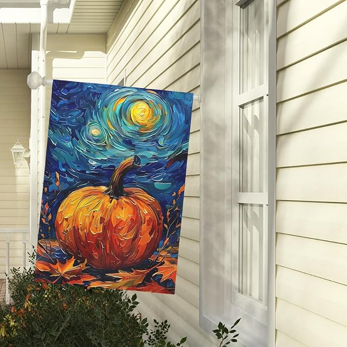 Fall Garden Flag Pumpkin Maple Leaf Yard Flags Van Gogh Wall Banners Art Starry Night Sky Moon Garden Flags Autumn Harvest Thanksgiving House Banner for Patio Farmhouse Outdoor 28 x 40 Inch