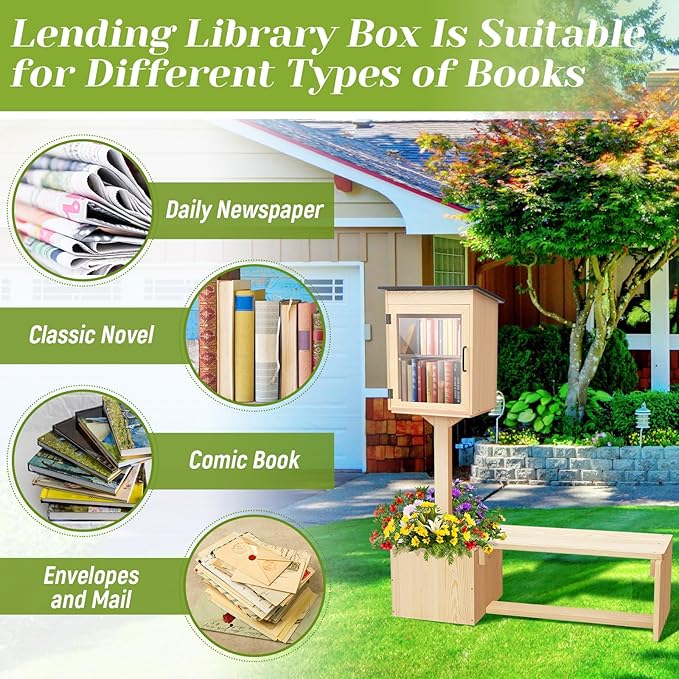 Wonderjune Little Library Box Outdoor with Bench Set, Durable Weatherproof Solid Wood Exchange Box with Floor Plugs and Flower Fence for Neighborhoods, Community, School(Wood)