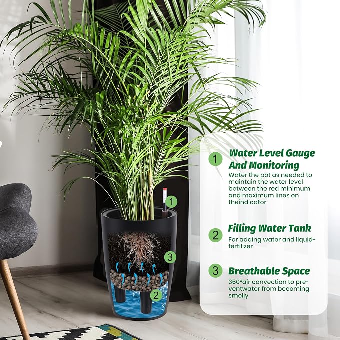 Garvee Tall Planters for Outdoor Plants, 16 in Large Planters Set of 2, Outdoor & Indoor Planters with Water Level Monitor ＆ Inner Bucket, Automatic Watering, for Porch, Patio, Backyard, Black