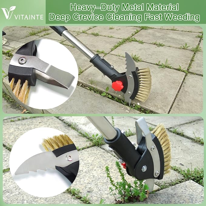 3 in 1 Crack Weeder Tool Long Handle | Heavy Duty Weed Puller, Stainless Steel Crevice Weeding Tool, Moss Scraper, For Driveway, Patio, Pavers, Sidewalk