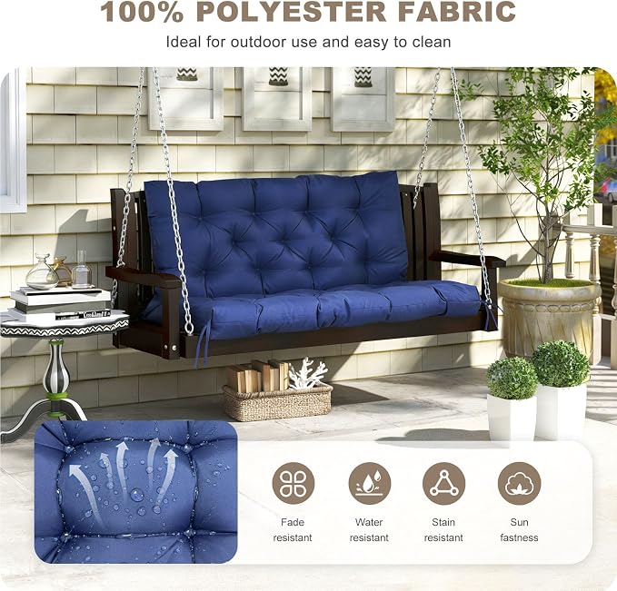 Porch Swing Cushion with Backrest,Waterproof Bench Cushion for Outdoor Furniture,2-3 Seater Replacement Thickened Swing Cushion with Ties,Patio,Outdoor,Backyard and Garden (Navy Blue,40x40)