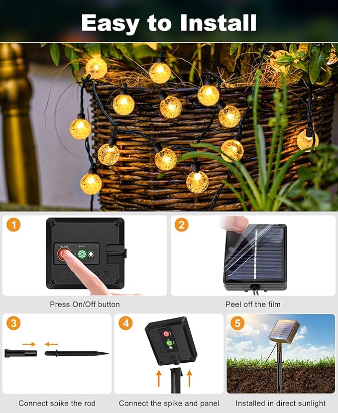 btfarm 2 Pack Solar String Lights Outdoor Waterproof, Total 98 FT 100 LED Solar Powered Patio Light, 8 Lighting Modes Crystal Globe Decorative for Garden Balcony Yard Porch Party, Warm White