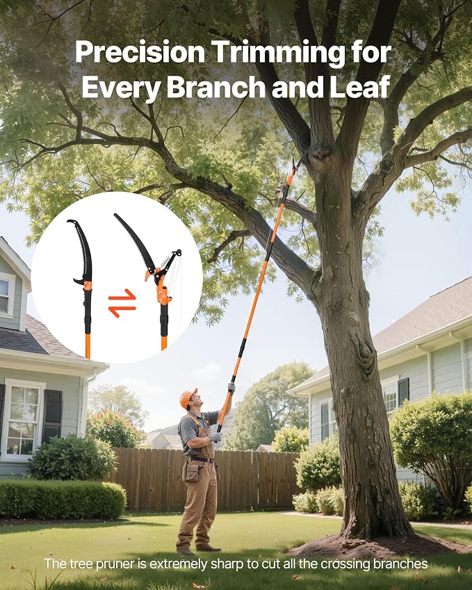 VEVOR Manual Pole Saw, 4.46-26.4 ft Extendable Tree Pruner with Scissors, Sharp 65Mn Steel Blade, Lightweight Fiberglass Handle Pole, Two Double-Hook Saws, for High Branch Trimming, Palms and Shrubs