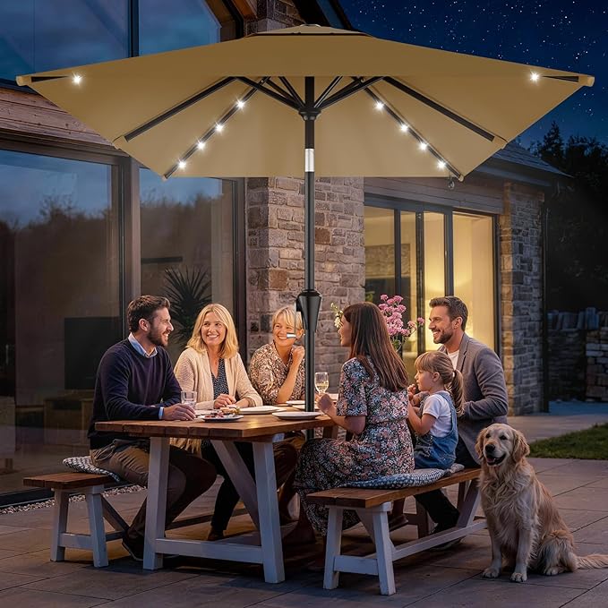 AreShark 6.5' x 10' Rectangular Patio Umbrella with Solar Lights, Solar Powered Lighted Market Umbrella w/Tilt and Crank, Outdoor Table Umbrella for Garden, Deck, Backyard, Pool and Beach, Khaki