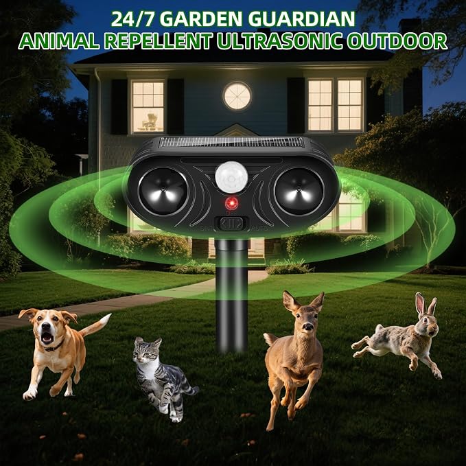 2026 Upgraded Solar Ultrasonic Animal Repellent, 2 Pack IP65 Waterproof Sonic Deer Deterrent, Motion Activated Outdoor Repeller to Keep Cats, Squirrels, Raccoons, Skunks & Dogs Away from Garden, Yard
