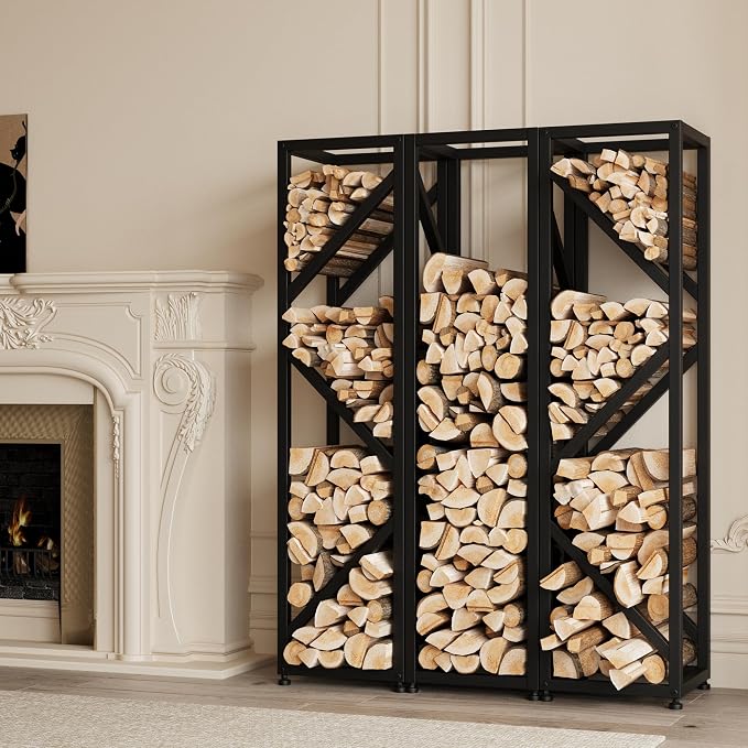 Firewood Rack Indoor 47 Inch Tall, 4-Tier Heavy-Duty Firewood Holder for Fireplace with Minimalist Style, Decorative Log Rack, Flexible Storage, Space-Saving, Easy Assembly, Black