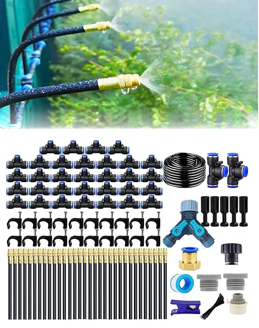New drip Irrigation kit, Automatic Garden Watering System, Quick Connector and 360-degree Bending Dropper atomizing Copper Nozzle, Garden Plant Lawn Courtyard Watering System. (165FT)