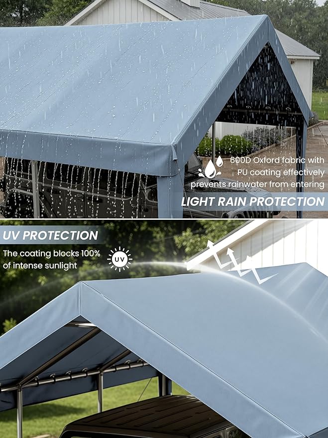 10 x 20 Ft Carport Replacement Cover, Heavy Duty Outdoor Car Tarp Canopy, Waterproof & UV Protected Tear Oxford Tarp with Ball Bungees (Frame is Not Included)