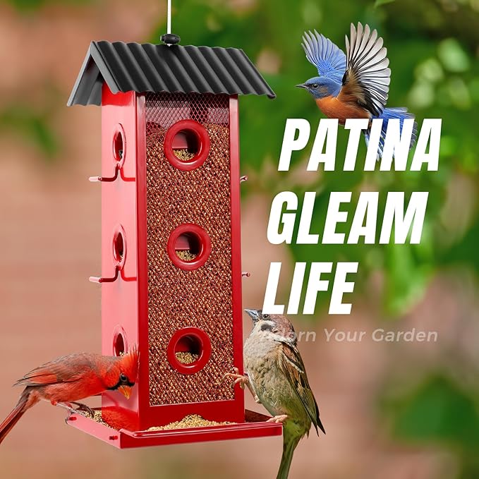 All Metal Bird Feeder for Outdoors Hanging | 14-Port Multi-Bird Viewing | Rust-Proof, Waterproof & Easy-Clean | Attracts Cardinals, Finches, Chickadees & More (Elegant Red & Black)