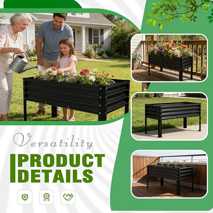 Large Galvanized Raised Garden Bed Outdoor with Legs, Load Capacity 1200LB, 48x26x30in Raised Garden Bed, for Backyard/Patio/Balcony/Gardening/Vegetables Flowers, Black