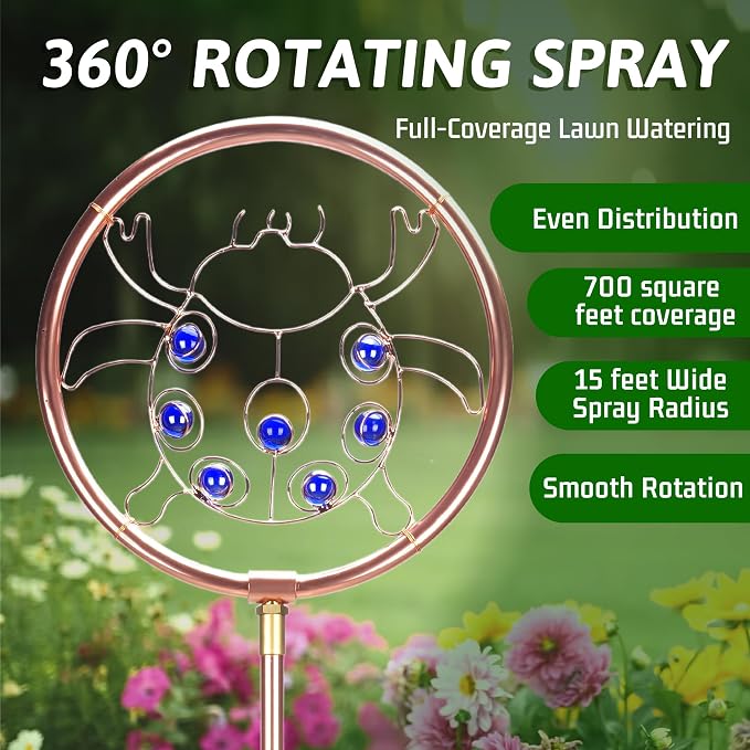 34" Tall Copper-Coated Stainless Steel Garden Sprinkler, 360° Rotating Decorative Ornamental Sprinkler for Lawn, Yard & Landscape Watering (Ladybug)
