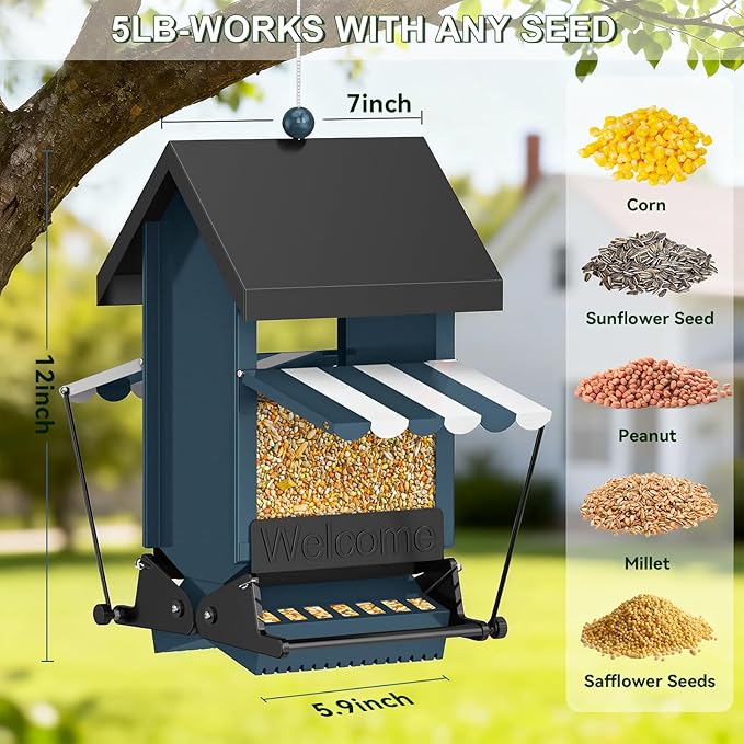 Squirrel Proof Bird Feeder Heavy Duty, 5LB Metal Hanging Bird Feeder for Outdoors with Weight-Activated, Easy to Fill & Clean, Wild Bird Feeder for Cardinals, Bluebirds, Finches, Chickadees& All Birds
