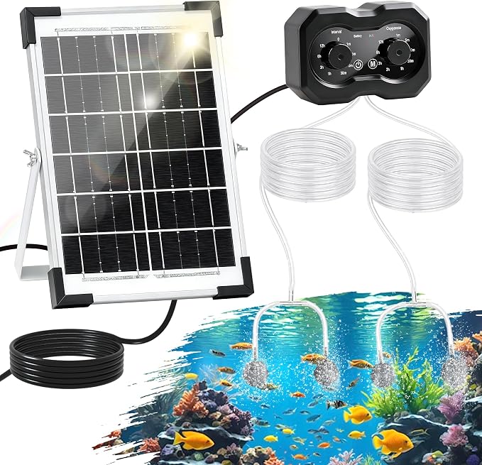 6W Solar Pond Aerator, Solar Air Pump for Pond, Adjustable Aeration Cycle, Dual Air Ports 4 Air Stones for Outdoor Pond Fish Tank Aquarium