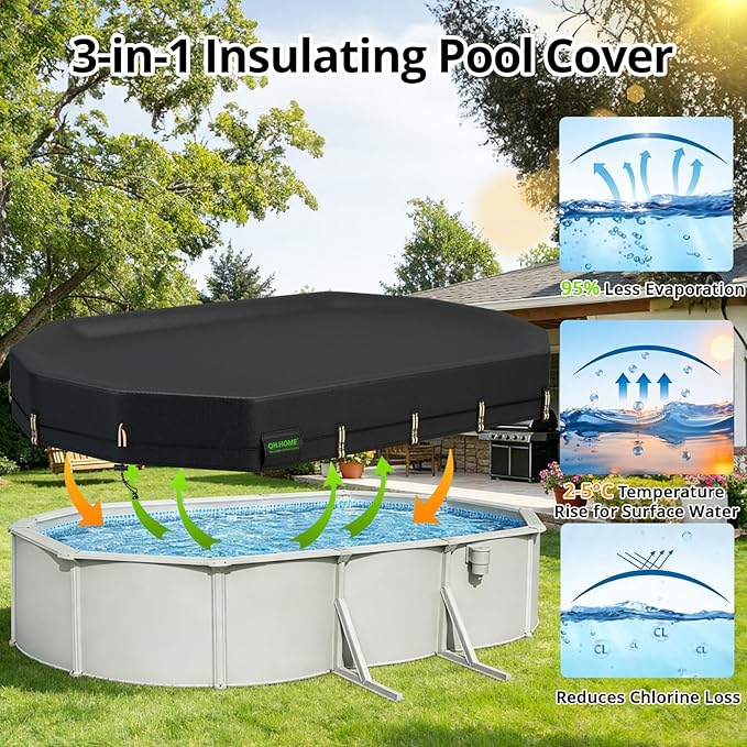 QH.HOME 550D 12x18 FT Oval Pool Cover [Upgraded Tear Resistant & Threefold Windproof] wth Pre-Installed Winch and Rope,Pool Covers for Above Ground Pools Oval-Snug Fit & Waterproof Protection