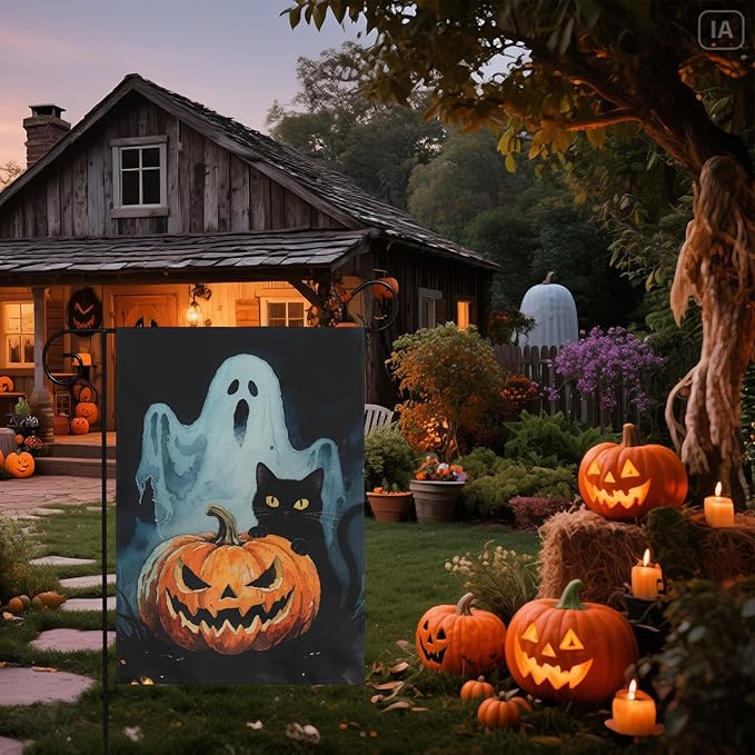 Scary Ghost Pumpkin Halloween Garden Flag 12x18 Inch Black Cat Halloween Theme Holiday Decorative Yard Flags for Outside Double Sided Outdoor Home Farmhouse Decoration Porch Decor