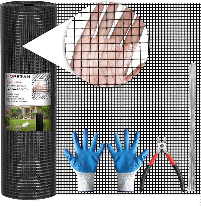 HOPERAN Black Hardware Cloth 1/2 inch 48 inch x 50 Foot 19 Gauge - Vinyl Coated Welded Chicken Wire Fencing Mesh, PVC Wire Fence Roll for Garden Fence, Gopher Wire and Poultry Netting Cage