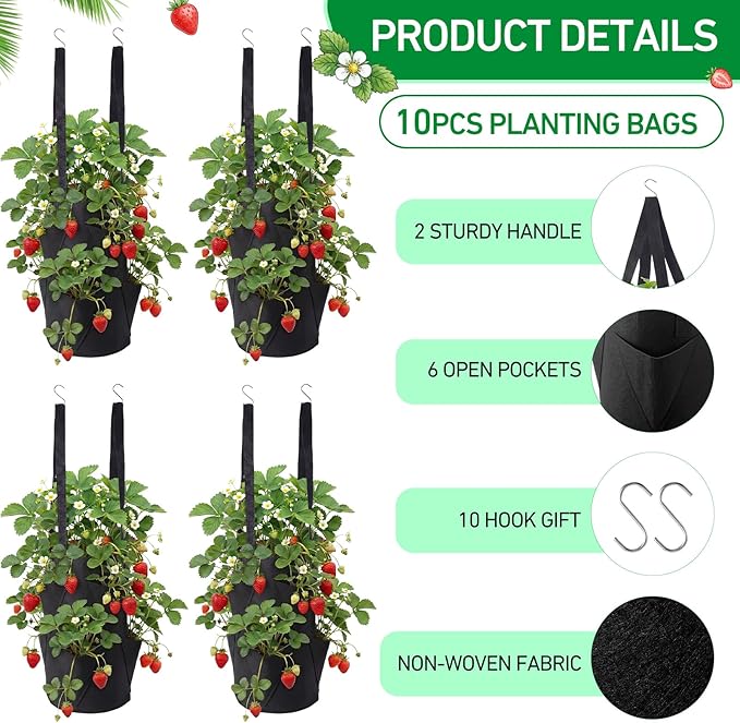 SATINIOR 10 Pack Upside Down Strawberry Planter Set Hanging Vegetables Grow Bags with 10 S Hooks, 3 Gallon Fabric Planting Bags for Easy Vertical Gardening(Black)