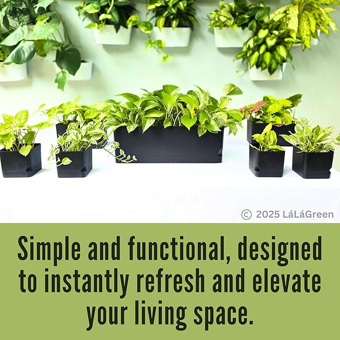 LaLaGreen Bundle- 7 Pack, Assorted Sizes Self Watering Planter + 2 Pack, 14 Inch Black Self Watering Pot Indoor Flower Herb Plant Pot Windowsill Stylish Rectangular Hanging Home Decor Outdoor Garden