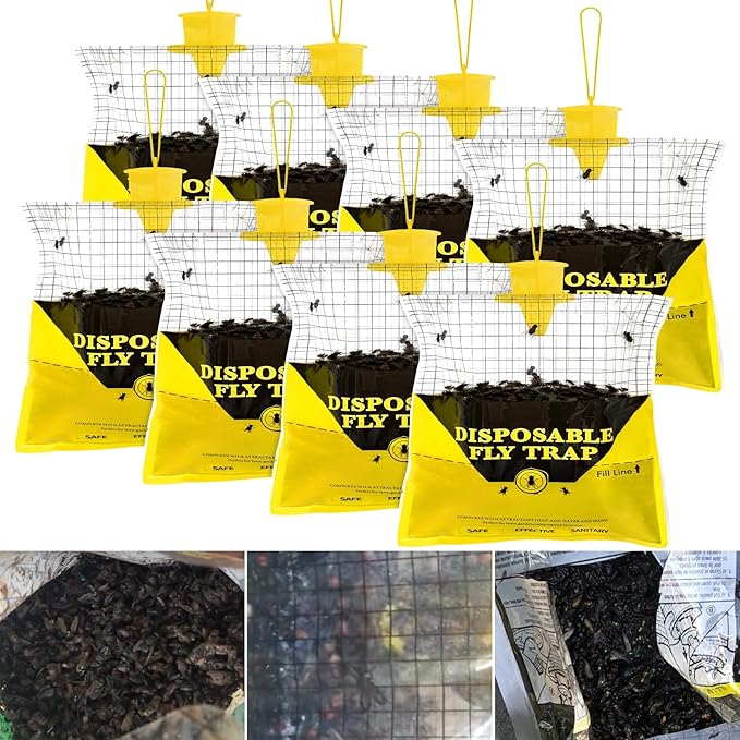 Glovv Fly Traps Outdoor Hanging with Fly Bait, 8 Pack Disposable Bags Hunter Ranch Trap, Pre-Baited Flies Bags Flies Control Bug Catcher Killer Repellent for Stable Horse Barn & Farm, All Filth Flies