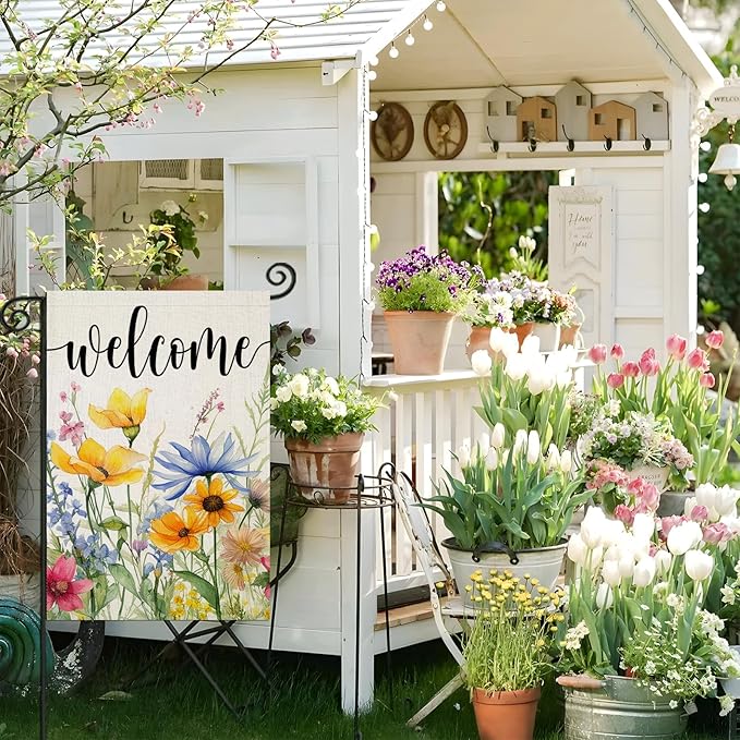 Welcome Summer Flowers Garden Flags for Outside, Watercolor Floral Yard Decoration, Small Seasonal Spring Outdoor Decor for Farmhouse Holiday,12x18 Inch Double Sided
