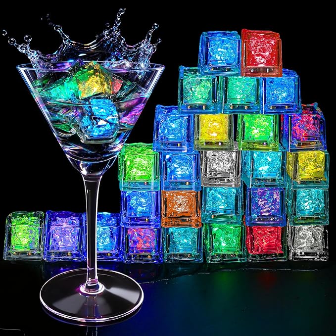 Light Up Ice Cubes, 96 Pack Multi Color Led Ice Cubes for Drinks IP67 Waterproof Reusable Glowing Flashing Changing Lights Water Activated Drink Lights for Cocktails Christmas Party Bar Wedding