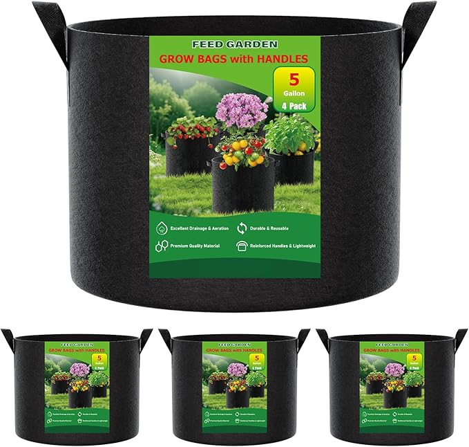 FEED GARDEN 5 Gallon Grow Bags 4 Pack – 300G Thickened Fabric Plant Pots with Reinforced Handles, Breathable Drainage Planters for Vegetables, Flowers & Herbs Indoor Outdoor