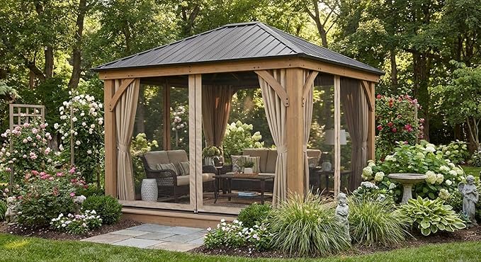 10’X10’ Spruce Wood Hardtop Gazebo with Double Metal Roof, Heavy-Duty 4.7" Poles, Curtains & Netting, All-Weather Outdoor Pavilion for Patio, Deck, Backyard, Lawn, Khaki – Easy Assembly