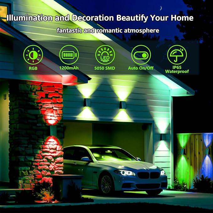 6 Pack Color Changing Solar Wall Lights Outdoor Waterproof Up and Down 2 LED RGB and Cool White Sconce, Decor for Fence, Stair, House, Patio, Porch, Yard, Garden, Garage and Pool, Wall Mounted Install